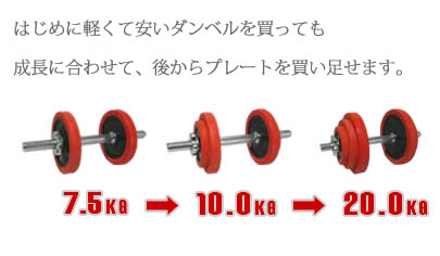 7.5kgのダンベル→10kgのダンベル→20kgのダンベル